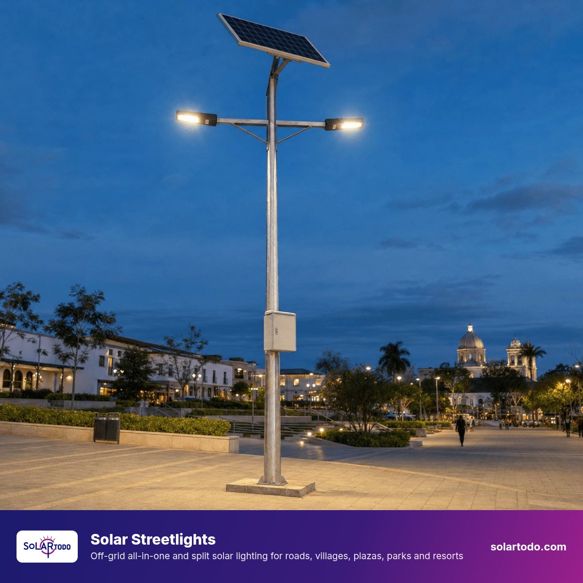 SOLARTODO stand-alone solar street light, all-in-one and split, 15-300 W, LiFePO4 + MPPT