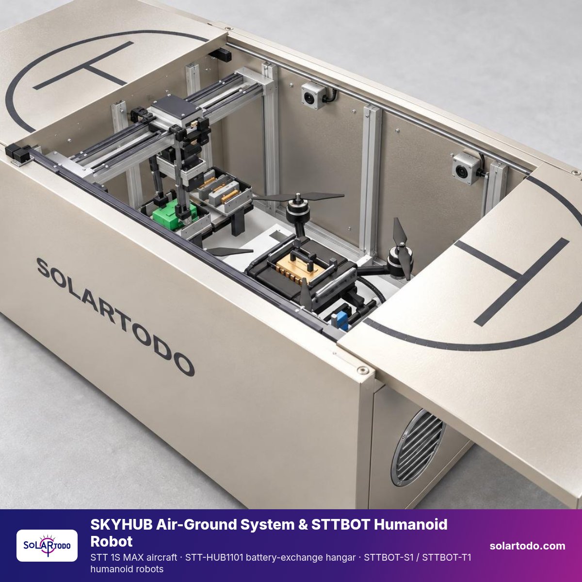 SKYHUB air-ground system: STT 1S MAX drone + STT-HUB1101 hangar + STTBOT humanoid robot